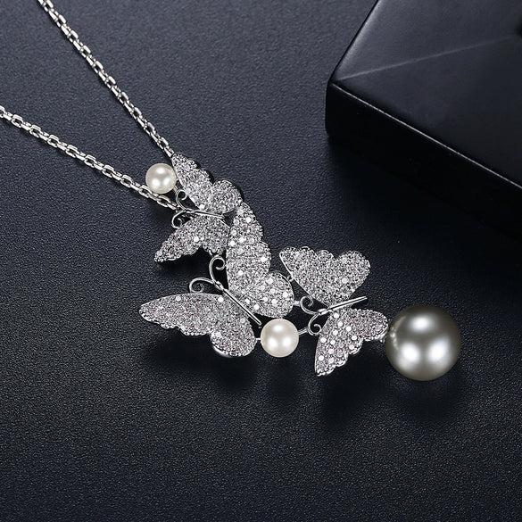 Crystal Pearl Butterfly Necklace With Electroplated Copper Zircon Pendant And Cross Chain For Women