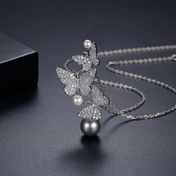 Crystal Pearl Butterfly Necklace With Electroplated Copper Zircon Pendant And Cross Chain For Women