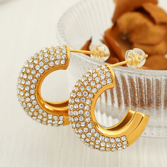 Cshaped Rhinestone Inlaid Colored Diamond Stainless Steel Electroplated Women's Earrings
