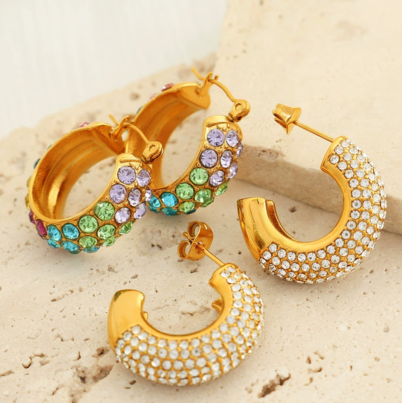 Cshaped Rhinestone Inlaid Colored Diamond Stainless Steel Electroplated Women's Earrings