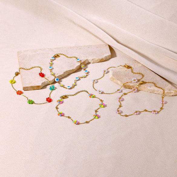Cute All Match Flower Geometric Stainless Steel And Gold Anklet For Women