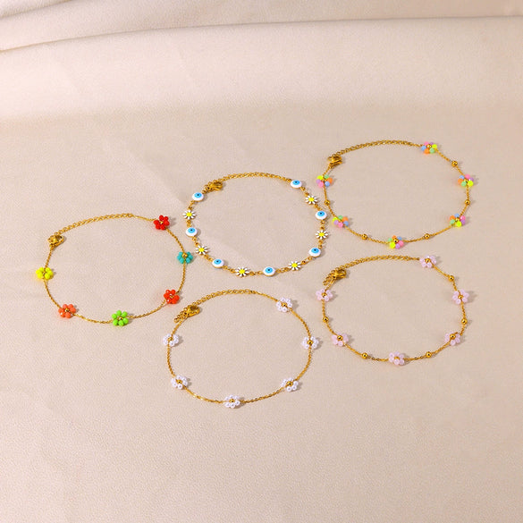 Cute All Match Flower Geometric Stainless Steel And Gold Anklet For Women