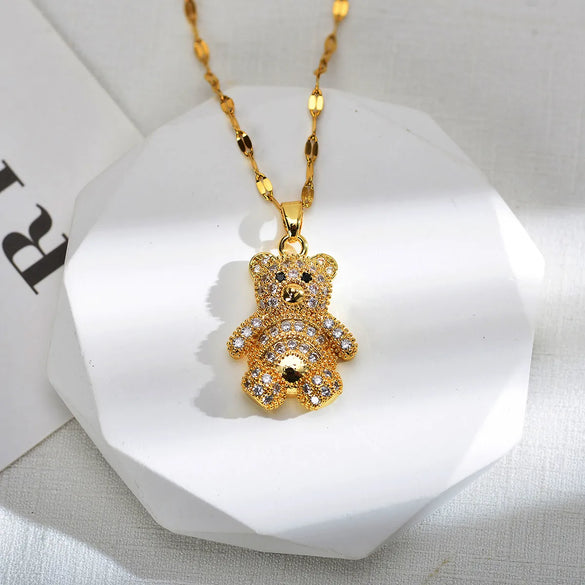 Wholesale Jewelry Cute Animal Bear Titanium Steel Copper Zircon Gold Plated Plating Inlay Pendant Necklace