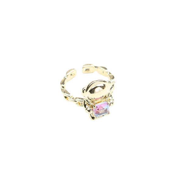 Cute Astronaut Character Ring For Women And Men Gold Plated Metal Adjustable Open Ring With Artificial Crystal Vintage Cartoon Design