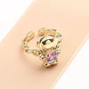 Cute Astronaut Character Ring For Women And Men Gold Plated Metal Adjustable Open Ring With Artificial Crystal Vintage Cartoon Design