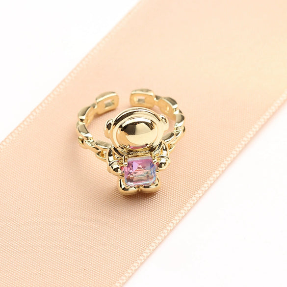 Cute Astronaut Character Ring For Women And Men Gold Plated Metal Adjustable Open Ring With Artificial Crystal Vintage Cartoon Design