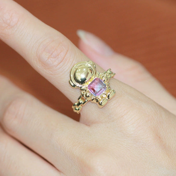 Cute Astronaut Character Ring For Women And Men Gold Plated Metal Adjustable Open Ring With Artificial Crystal Vintage Cartoon Design