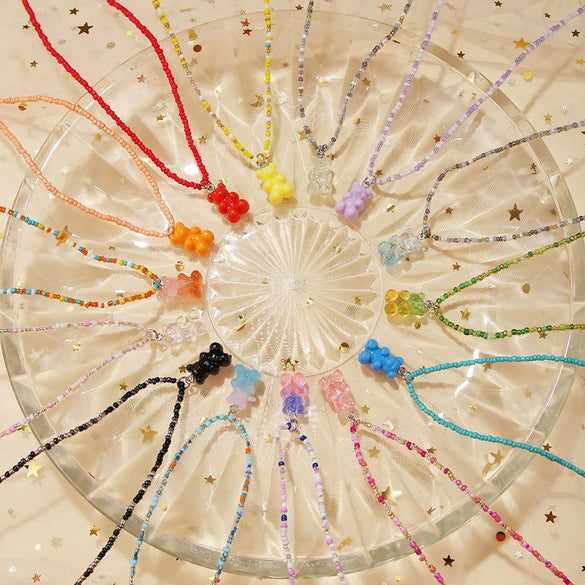 Cute Bear Resin Glass Beaded Women's Pendant Necklace