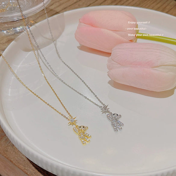 Cute Bear Titanium Steel Necklace With Mixed Gem Inlay Pendant And Cross Chain For Women