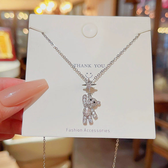 Cute Bear Titanium Steel Necklace With Mixed Gem Inlay Pendant And Cross Chain For Women