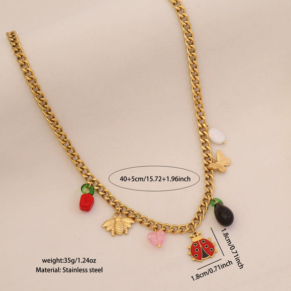 Cute Bee Butterfly Daisy Multielement Stainless Steel Necklace With Ladybug Pendant And Electroplating For Women