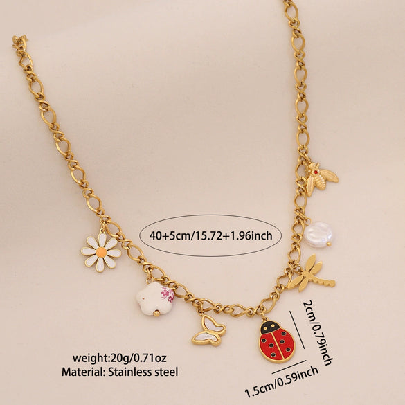 Cute Bee Butterfly Daisy Multielement Stainless Steel Necklace With Ladybug Pendant And Electroplating For Women