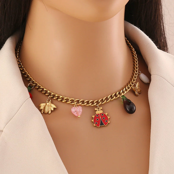 Cute Bee Butterfly Daisy Multielement Stainless Steel Necklace With Ladybug Pendant And Electroplating For Women