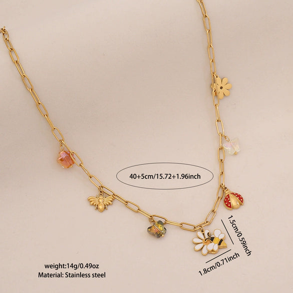 Cute Bee Butterfly Daisy Multielement Stainless Steel Necklace With Ladybug Pendant And Electroplating For Women