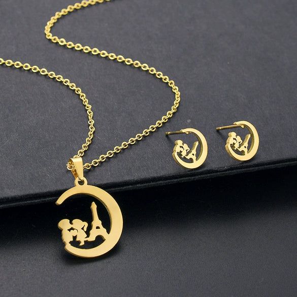 Cute Boys Girls Moon Pendant Necklace Earrings Set With Stainless Steel Chain And Cross Chain Gold Plated With Little Bear Pig Small Animal Patterns