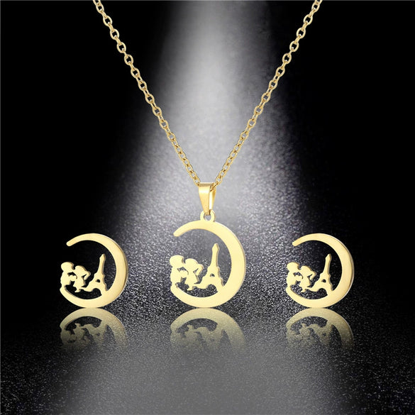 Cute Boys Girls Moon Pendant Necklace Earrings Set With Stainless Steel Chain And Cross Chain Gold Plated With Little Bear Pig Small Animal Patterns