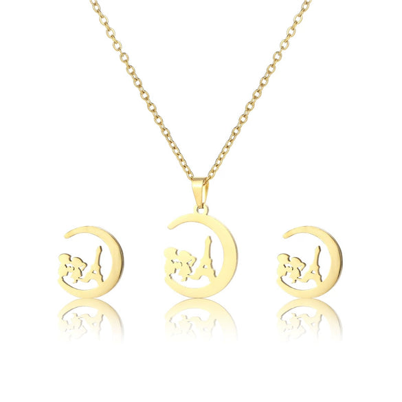 Cute Boys Girls Moon Pendant Necklace Earrings Set With Stainless Steel Chain And Cross Chain Gold Plated With Little Bear Pig Small Animal Patterns
