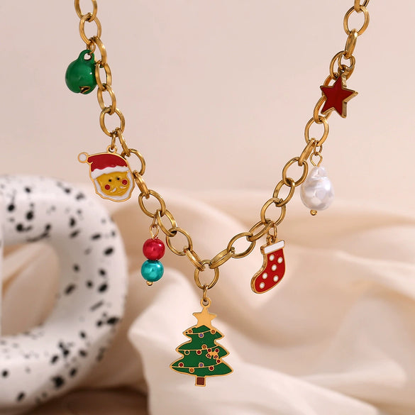Cute Cartoon Christmas Tree Socks Old Man Pendant Stainless Steel 18K Gold Plated Handmade Chain Christmas Necklace For Women