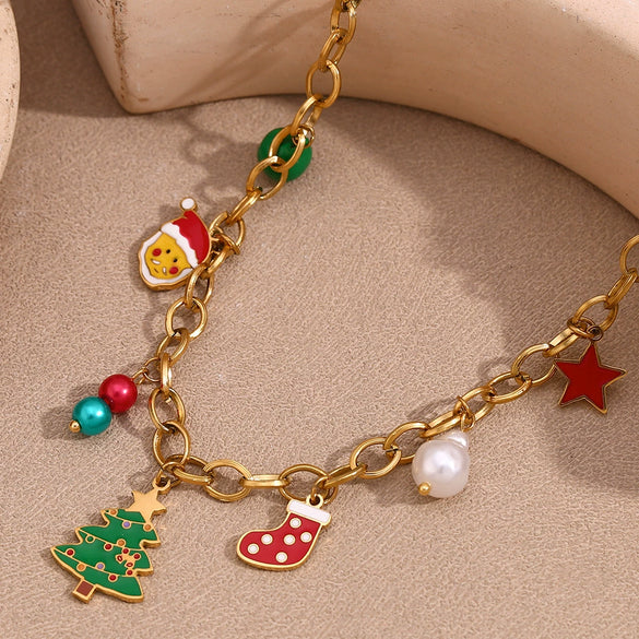 Cute Cartoon Christmas Tree Socks Old Man Pendant Stainless Steel 18K Gold Plated Handmade Chain Christmas Necklace For Women