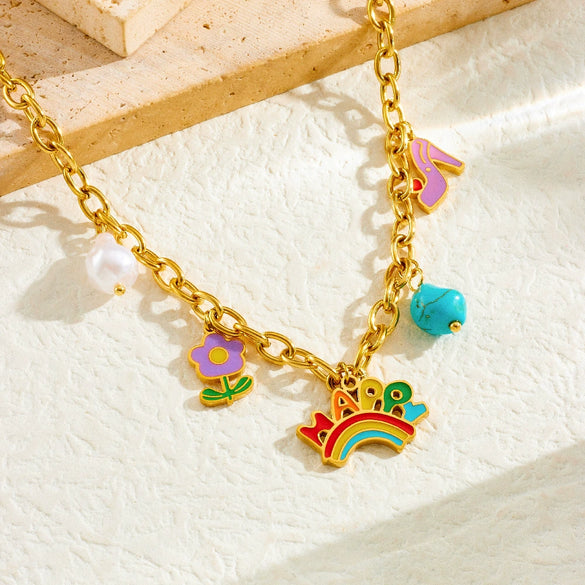 Cute Cartoon Dropping Glue English Letter Rainbow Earrings And Turquoise Flower Mix Element Necklace For Women Stainless Steel Electroplating U Shape