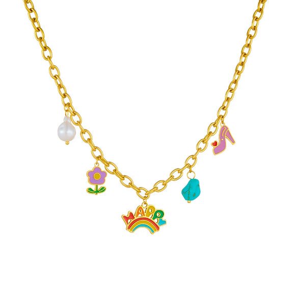 Cute Cartoon Dropping Glue English Letter Rainbow Earrings And Turquoise Flower Mix Element Necklace For Women Stainless Steel Electroplating U Shape