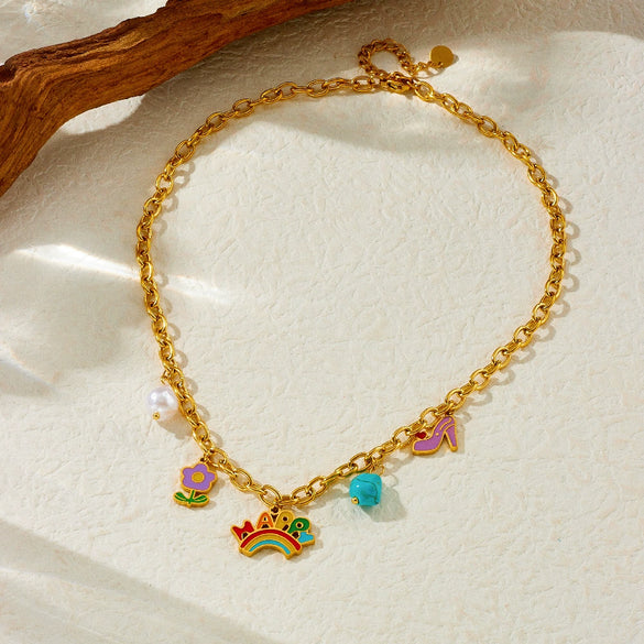 Cute Cartoon Dropping Glue English Letter Rainbow Earrings And Turquoise Flower Mix Element Necklace For Women Stainless Steel Electroplating U Shape
