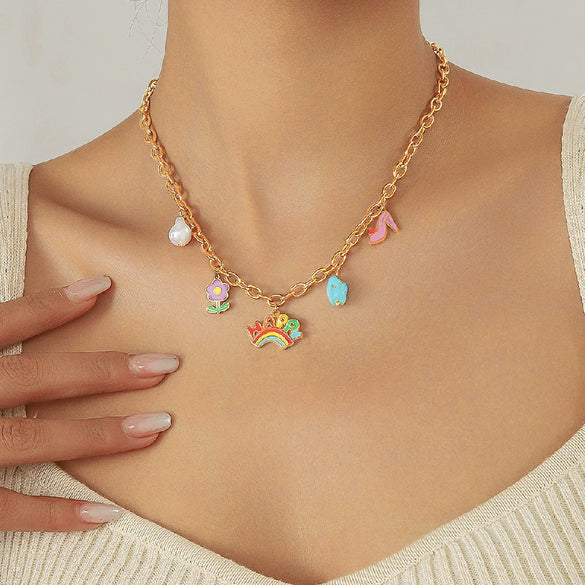 Cute Cartoon Dropping Glue English Letter Rainbow Earrings And Turquoise Flower Mix Element Necklace For Women Stainless Steel Electroplating U Shape