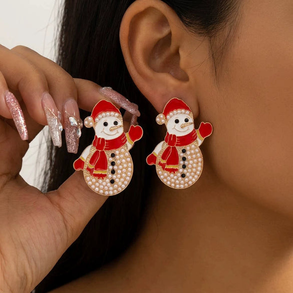 Cute Cartoon Snowman Stud Earrings With Scarf And Hat Rhinestone Electroplated Alloy Earrings With Stainless Steel Posts For Women