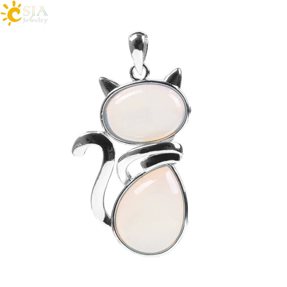 Cute Cat Pendant Necklace For Women With Natural Stone And Alloy Accessories Minimalist Animal Jewelry Polished Hanging Ornament