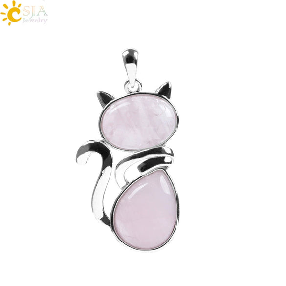 Cute Cat Pendant Necklace For Women With Natural Stone And Alloy Accessories Minimalist Animal Jewelry Polished Hanging Ornament