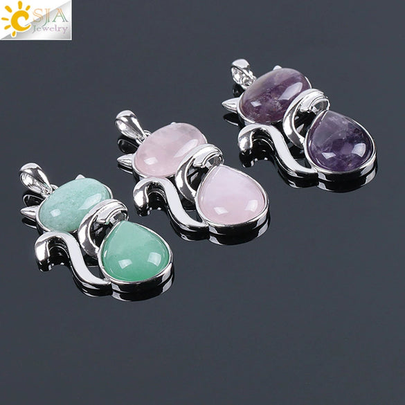 Cute Cat Pendant Necklace For Women With Natural Stone And Alloy Accessories Minimalist Animal Jewelry Polished Hanging Ornament