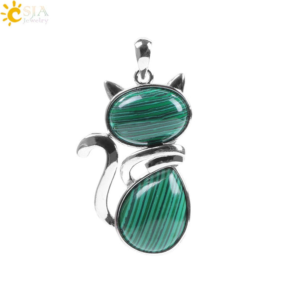 Cute Cat Pendant Necklace For Women With Natural Stone And Alloy Accessories Minimalist Animal Jewelry Polished Hanging Ornament