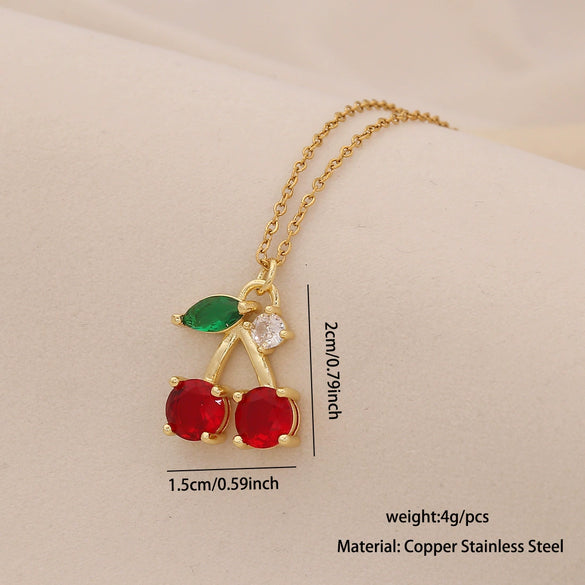 Cute Cherry Strawberry Pendant Necklace For Women Copper And Stainless Steel Fruit Shape Dripping Oil Process O Word Chain