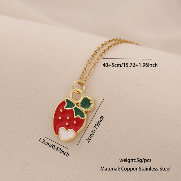 Cute Cherry Strawberry Pendant Necklace For Women Copper And Stainless Steel Fruit Shape Dripping Oil Process O Word Chain