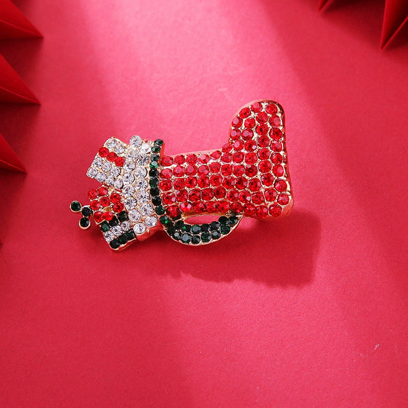 Cute Christmas Boot Brooch Pin With Diamond Embellishment Handmade Animalshaped Zinc Alloy Festival Jewelry