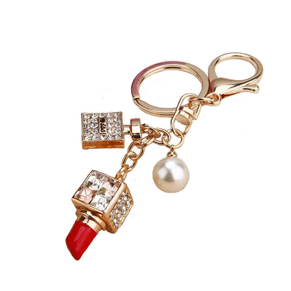 Cute Creative Pearl Bow Perfume Bottle Shaped Metal Keychain For Women As Bag Pendant Or Key Ring Diamond Gifts