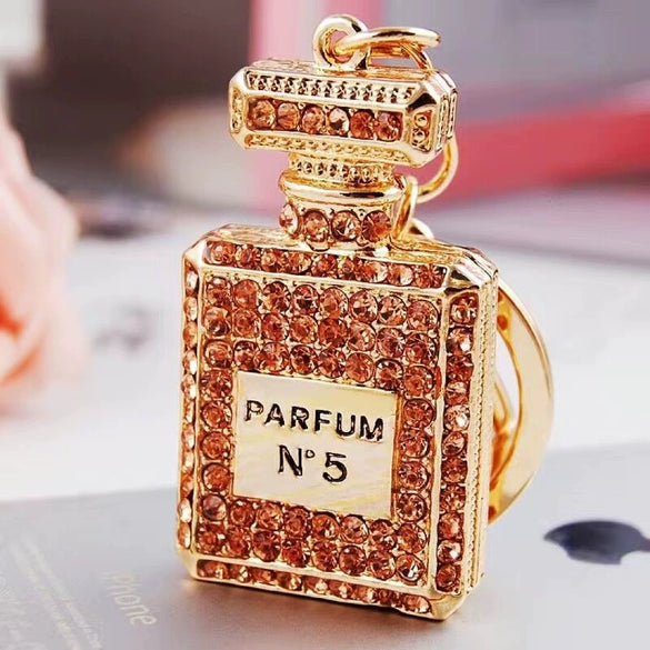 Cute Creative Pearl Bow Perfume Bottle Shaped Metal Keychain For Women As Bag Pendant Or Key Ring Diamond Gifts