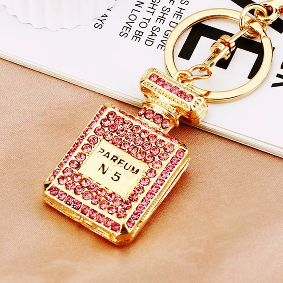 Cute Creative Pearl Bow Perfume Bottle Shaped Metal Keychain For Women As Bag Pendant Or Key Ring Diamond Gifts