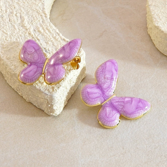 Cute Enamel Butterfly Earrings For Women Stainless Steel Animal Shaped Drip Oil Earrings With Light Luxury Style
