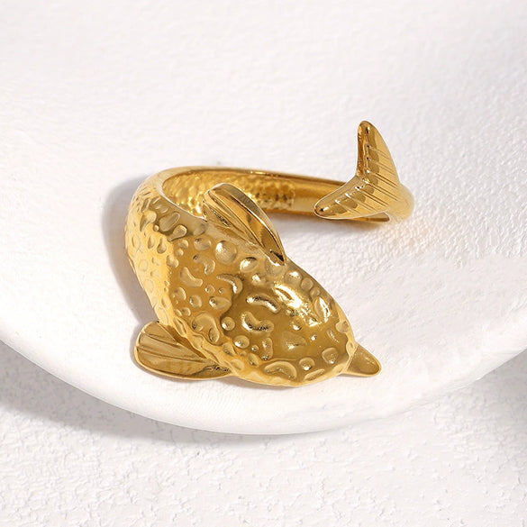 Cute Fish Shaped Stainless Steel Open Ring For Women With Animal Pattern And Electroplated Finish