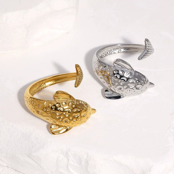 Cute Fish Shaped Stainless Steel Open Ring For Women With Animal Pattern And Electroplated Finish