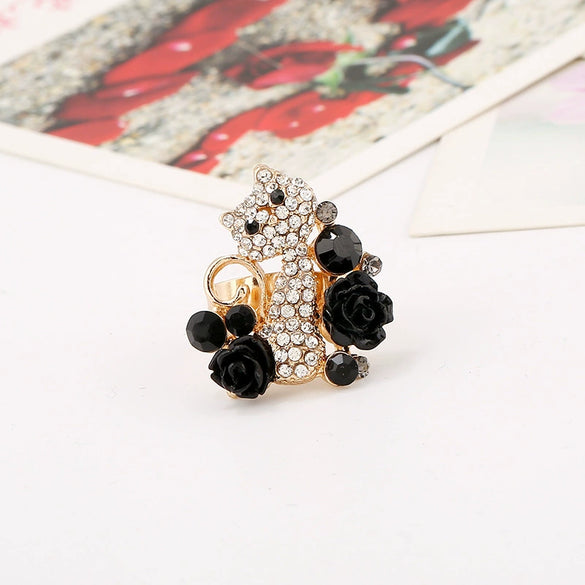 Cute Floral Cat Adjustable Alloy Ring With Micro Inlaid Crystal And Resin Rose Diamond Treated Fashion Ring For Women