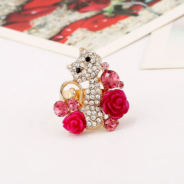 Cute Floral Cat Adjustable Alloy Ring With Micro Inlaid Crystal And Resin Rose Diamond Treated Fashion Ring For Women