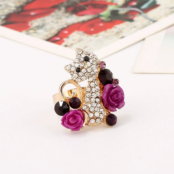 Cute Floral Cat Adjustable Alloy Ring With Micro Inlaid Crystal And Resin Rose Diamond Treated Fashion Ring For Women