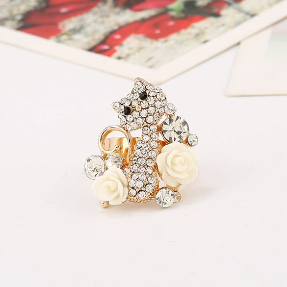Cute Floral Cat Adjustable Alloy Ring With Micro Inlaid Crystal And Resin Rose Diamond Treated Fashion Ring For Women