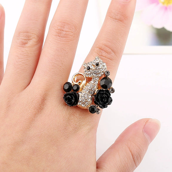 Cute Floral Cat Adjustable Alloy Ring With Micro Inlaid Crystal And Resin Rose Diamond Treated Fashion Ring For Women
