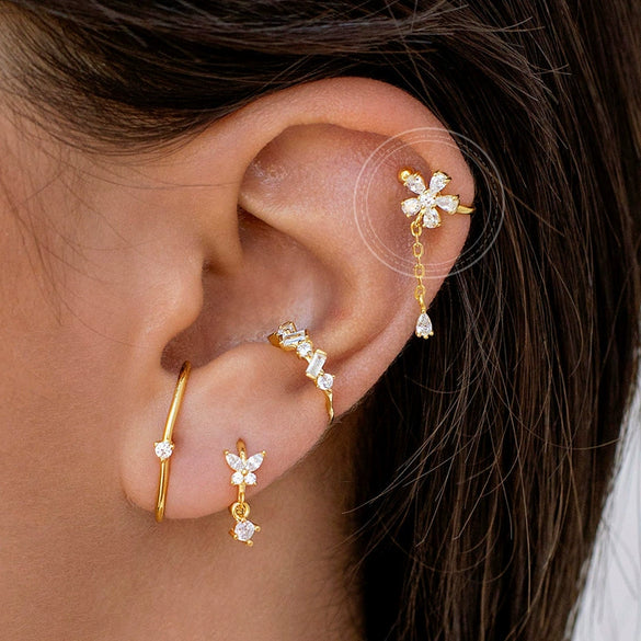 Cute Flower Zircon Earrings Copper Plated 18K Gold For Women Without Pierced Ears