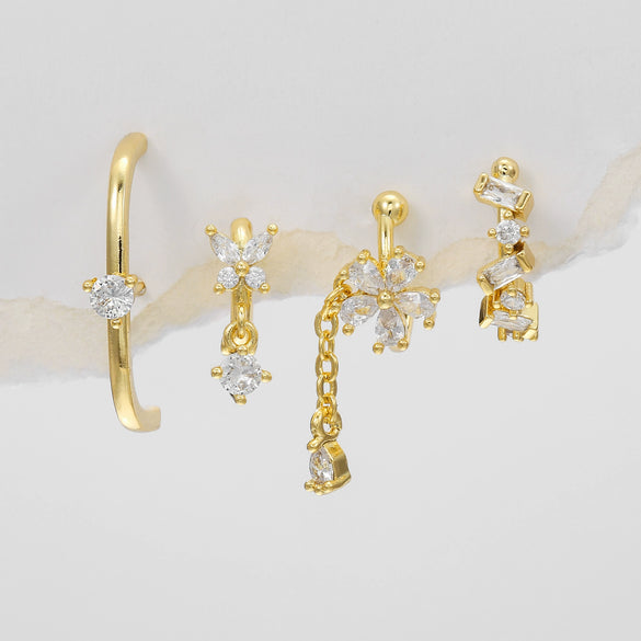 Cute Flower Zircon Earrings Copper Plated 18K Gold For Women Without Pierced Ears