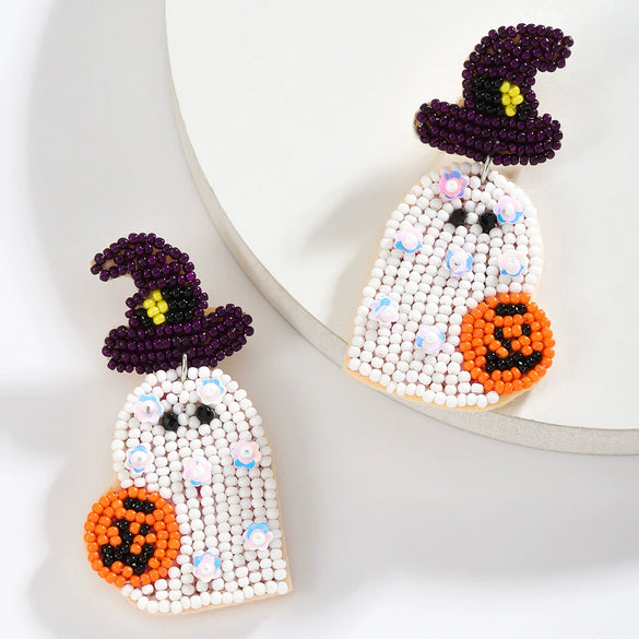 Cute Funny Multicolor Beaded Ghost Shape Plastic Resin Earrings For Women With Festive Elements