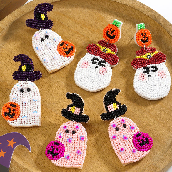 Cute Funny Multicolor Beaded Ghost Shape Plastic Resin Earrings For Women With Festive Elements